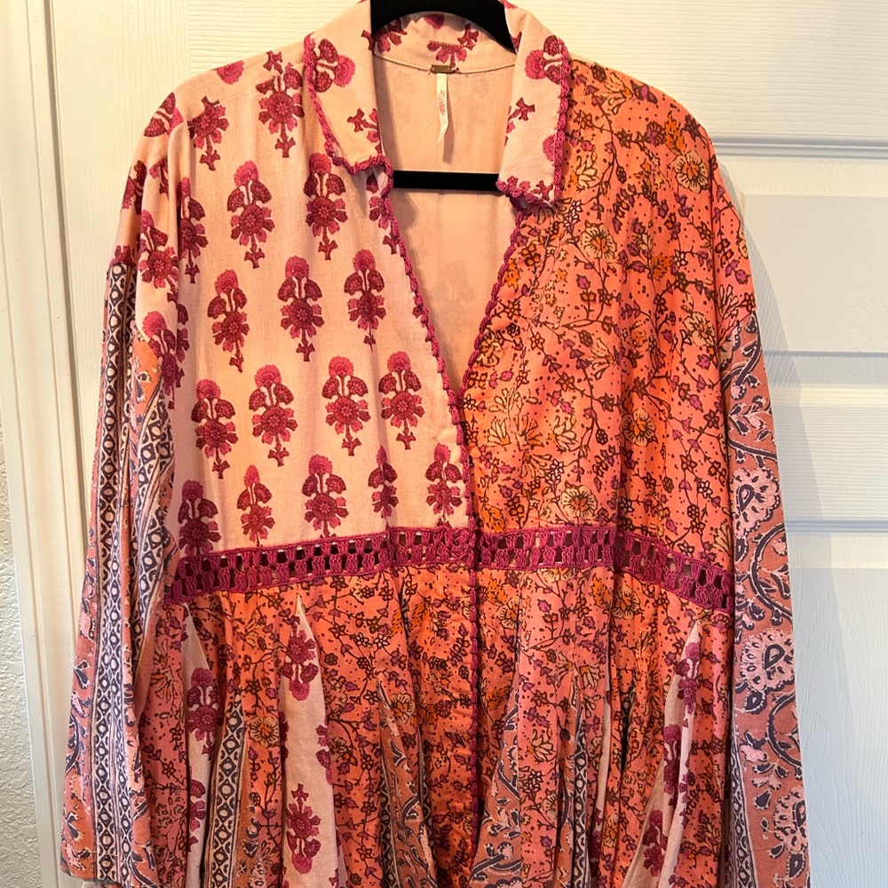 Free People Hazy Baby Printed Mini Dress in Pink Combo M Bohemian 70s Retro